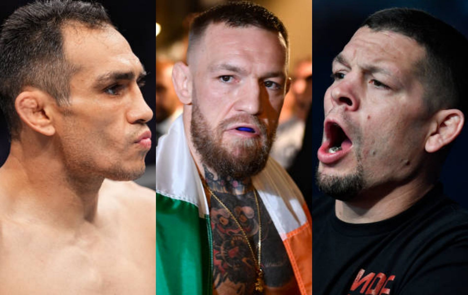 Tony Ferguson (left); Conor McGregor (center); Nate Diaz (right).