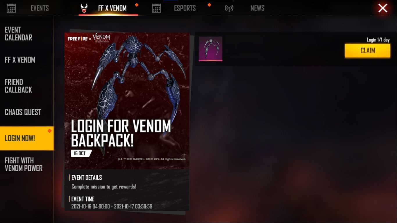 Users will get the backpack by pressing the claim button (Image via Free Fire)
