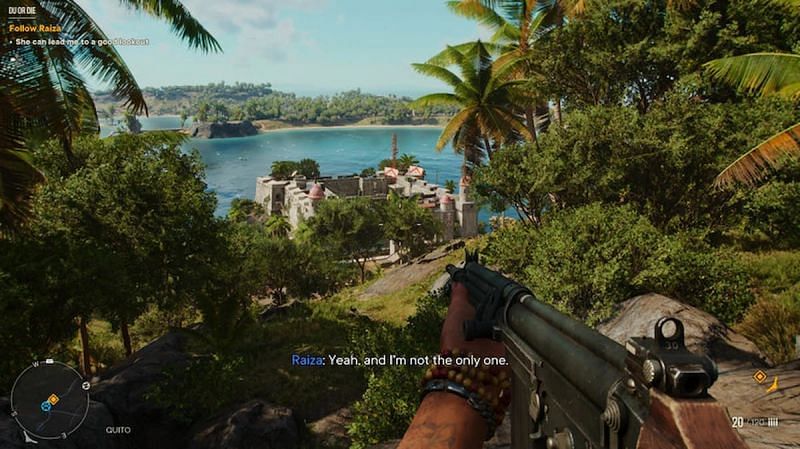 The player being shown Fort Quito by Raiza. (Image via Ubisoft)