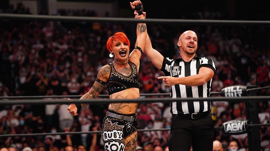 Ruby Soho celebrating after her win at AEW All Out 2021