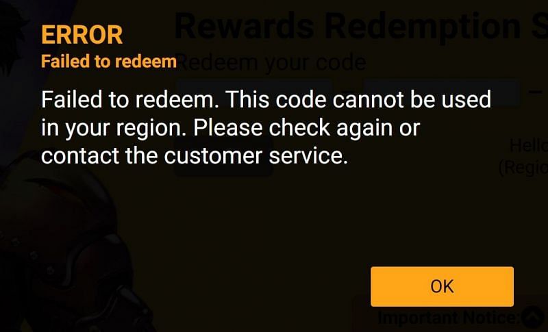 Error for using code of another region (Image via Free Fire)