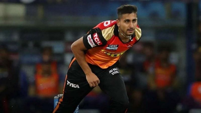 Umran Malik in action during his IPL 2021 debut against KKR.