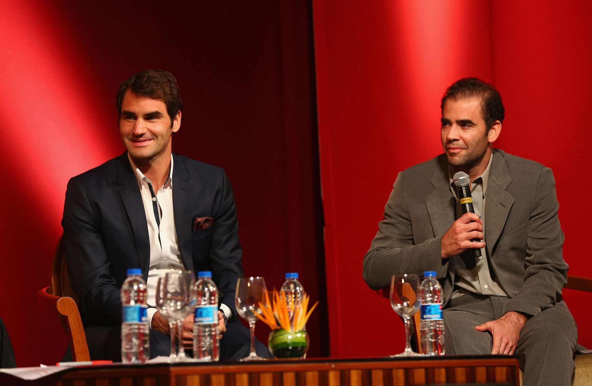 Roger Federer and Pete Sampras at a talk show during IPTL 2014