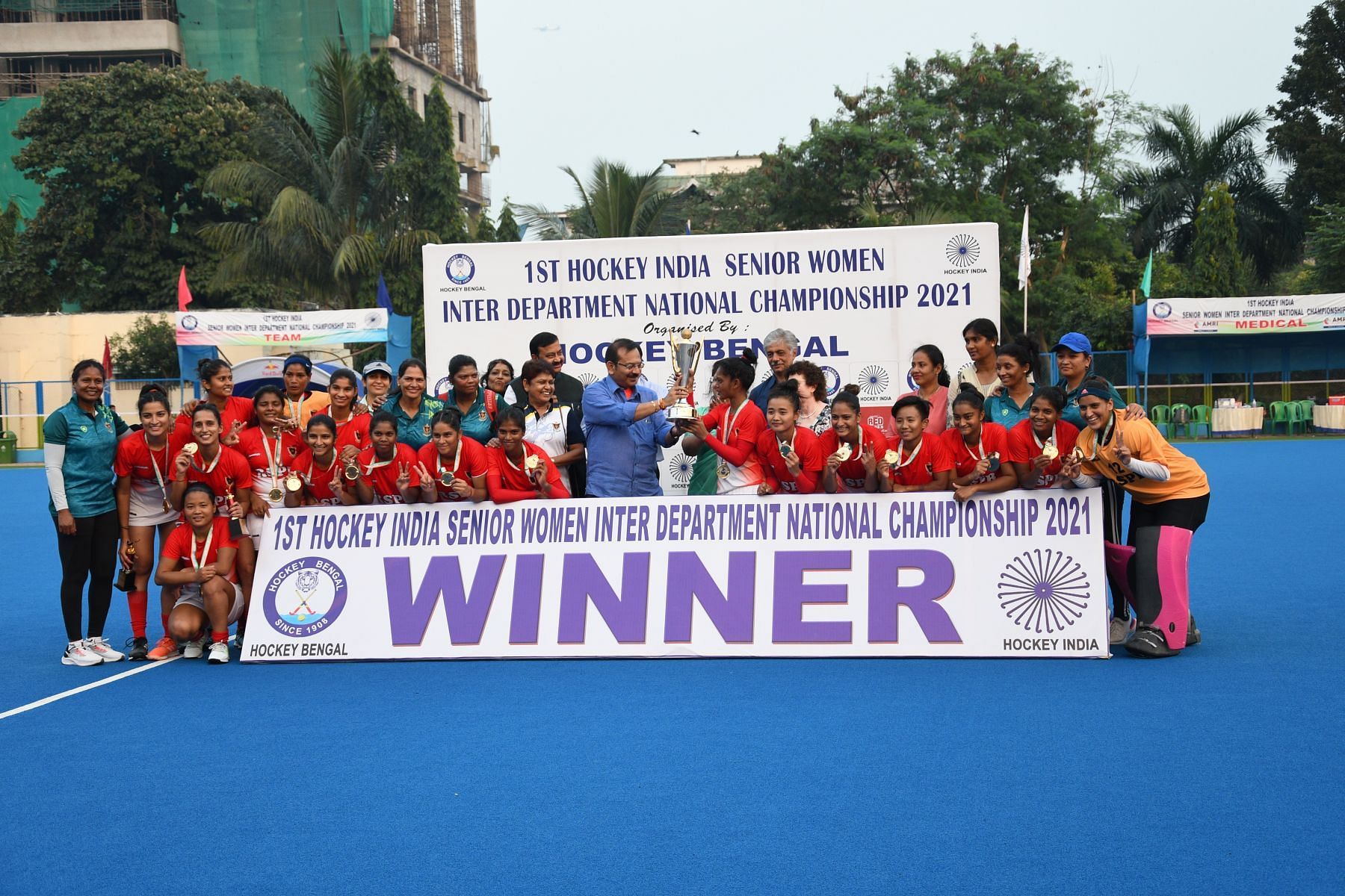 RSPB after winning the Hockey India Senior Women&#039;s Inter-Department National Championship. (PC: Hockey India)