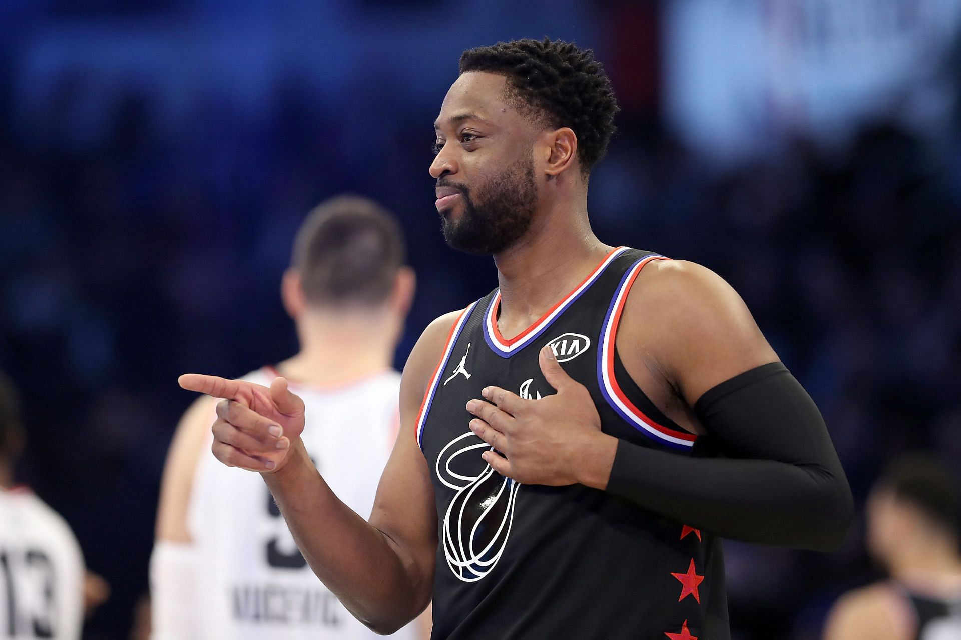 Dwyane Wade #3 of the Miami Heat reacts as they take on Team Giannis in the second quarter during the NBA All-Star game as part of the 2019 NBA All-Star Weekend at Spectrum Center on February 17, 2019 in Charlotte, North Carolina.
