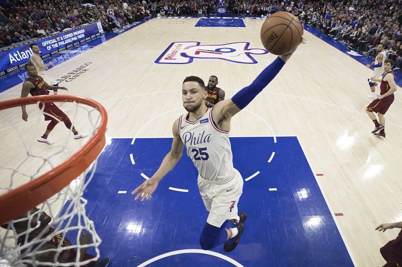 Philadelphia 76ers Ben Simmons dunking against the Cleveland Cavalier