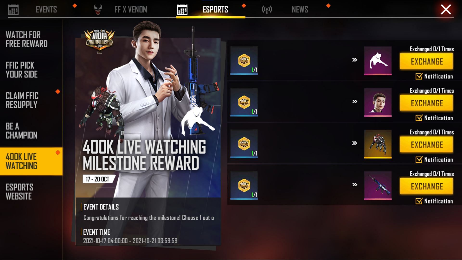 The FFIC Gold can be used to get one of the following (Image via Free Fire)