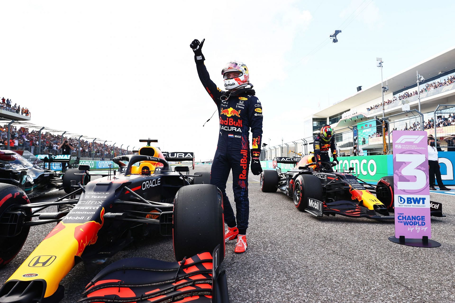 Pole position qualifier Max Verstappen of Red Bull Racing celebrates in parc ferme during qualifying ahead of the 2021 USGP in Austin, Texas. (Photo by Mark Thompson/Getty Images)