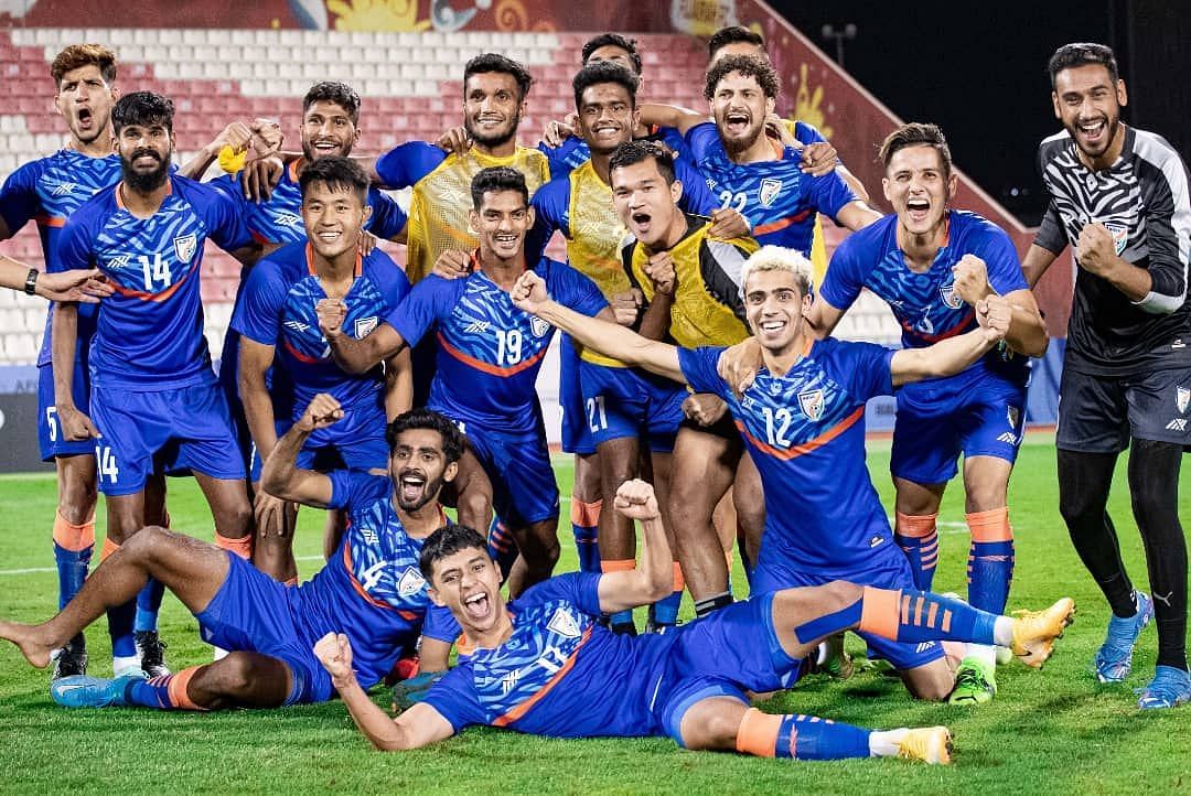 India U23 celebrate their win over Kyrgyzstan U23 in the U23 AFC Asian Cup qualifiers