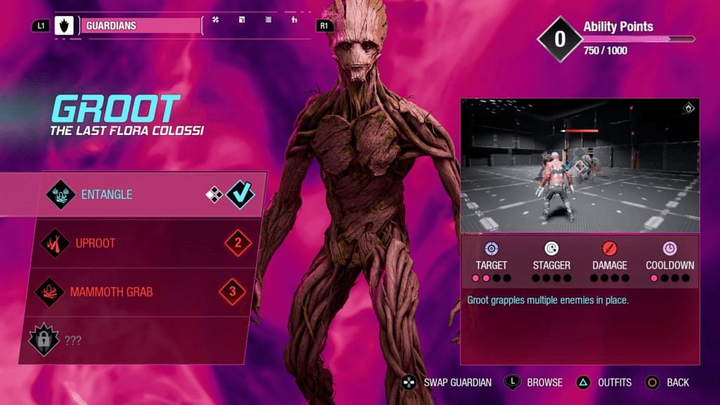Groot&#039;s abilities in Marvel&#039;s Guardians of the Galaxy. (Image via Square Enix)