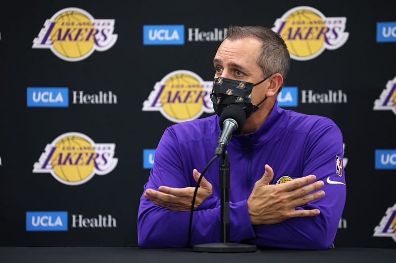 Frank Vogel speaks to the media at a press conference during LA Lakers media day at UCLA Health Training Center on September 28, 2021