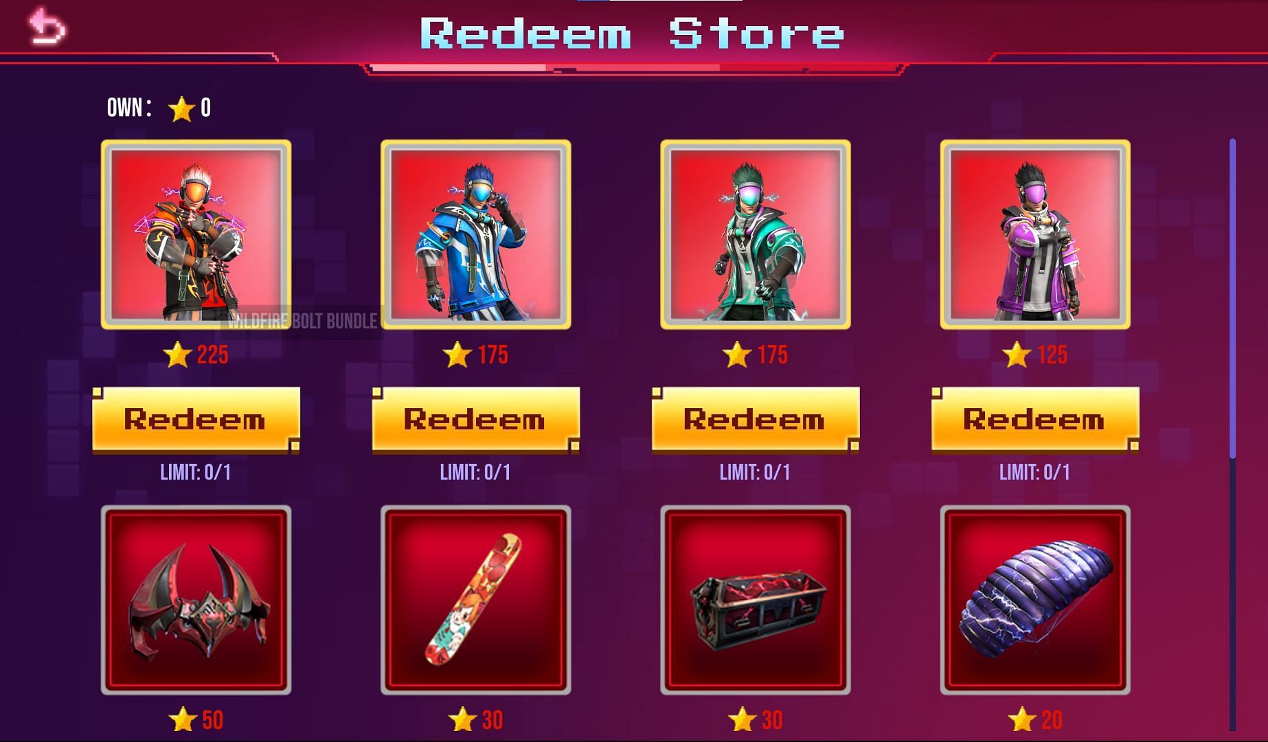 The items available in the redemption store (Image via Free Fire)
