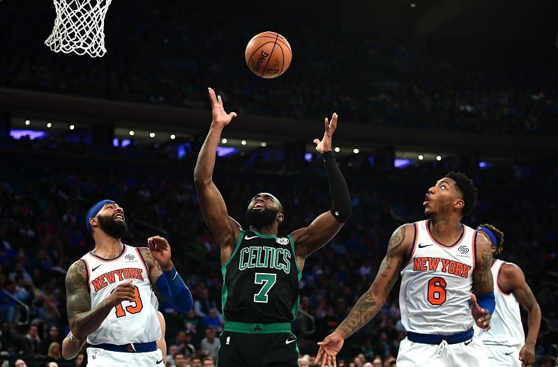 Jaylen Brown in the middle of the action between the Boston Celtics v the New York Knicks.