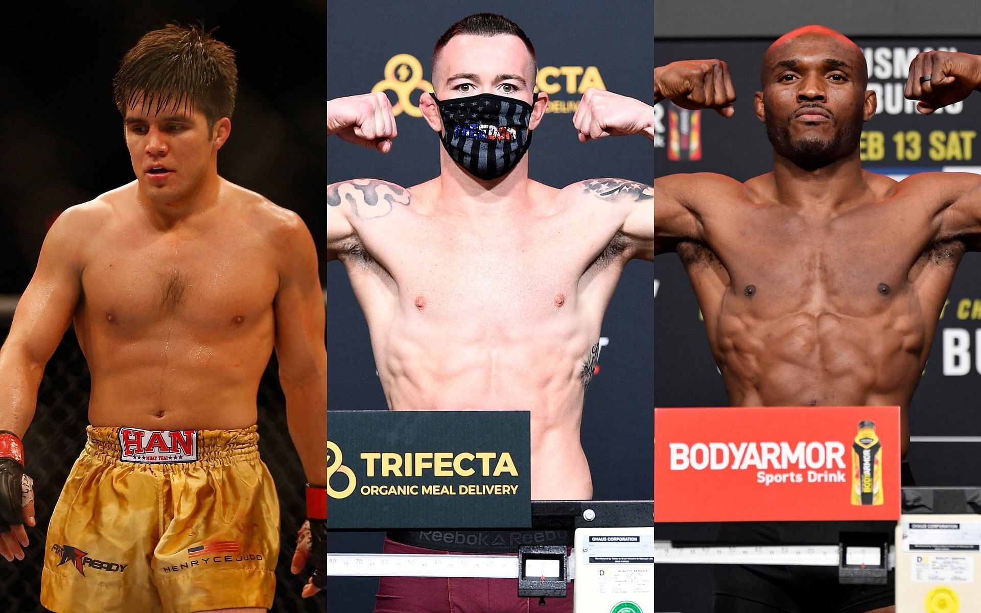 Former two-division UFC champion Henry Cejudo (left) and welterweight rivals Colby Covington (center) and Kamaru Usman (right)