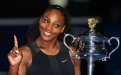 Serena Williams with the 2017 Australian Open trophy