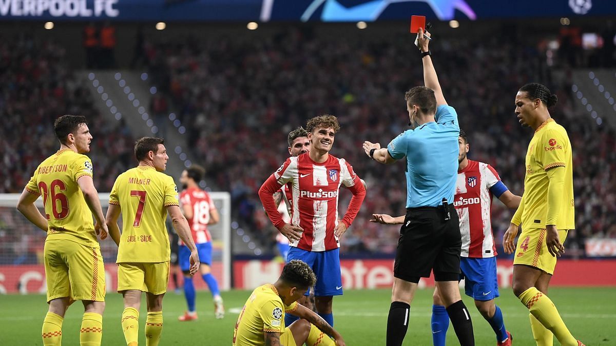 Antoine Griezmann was sent off for a rash challenge on Firmino.