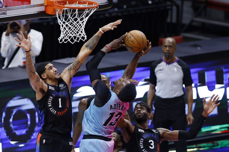 New York Knicks rookie Obi Toppin #1 going up for a block