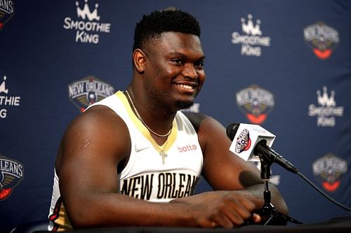 Zion Williamson #1 of the New Orleans Pelicans speaks to members of the media during Media Day at Smoothie King Center on September 27, 2021 in New Orleans, Louisiana.