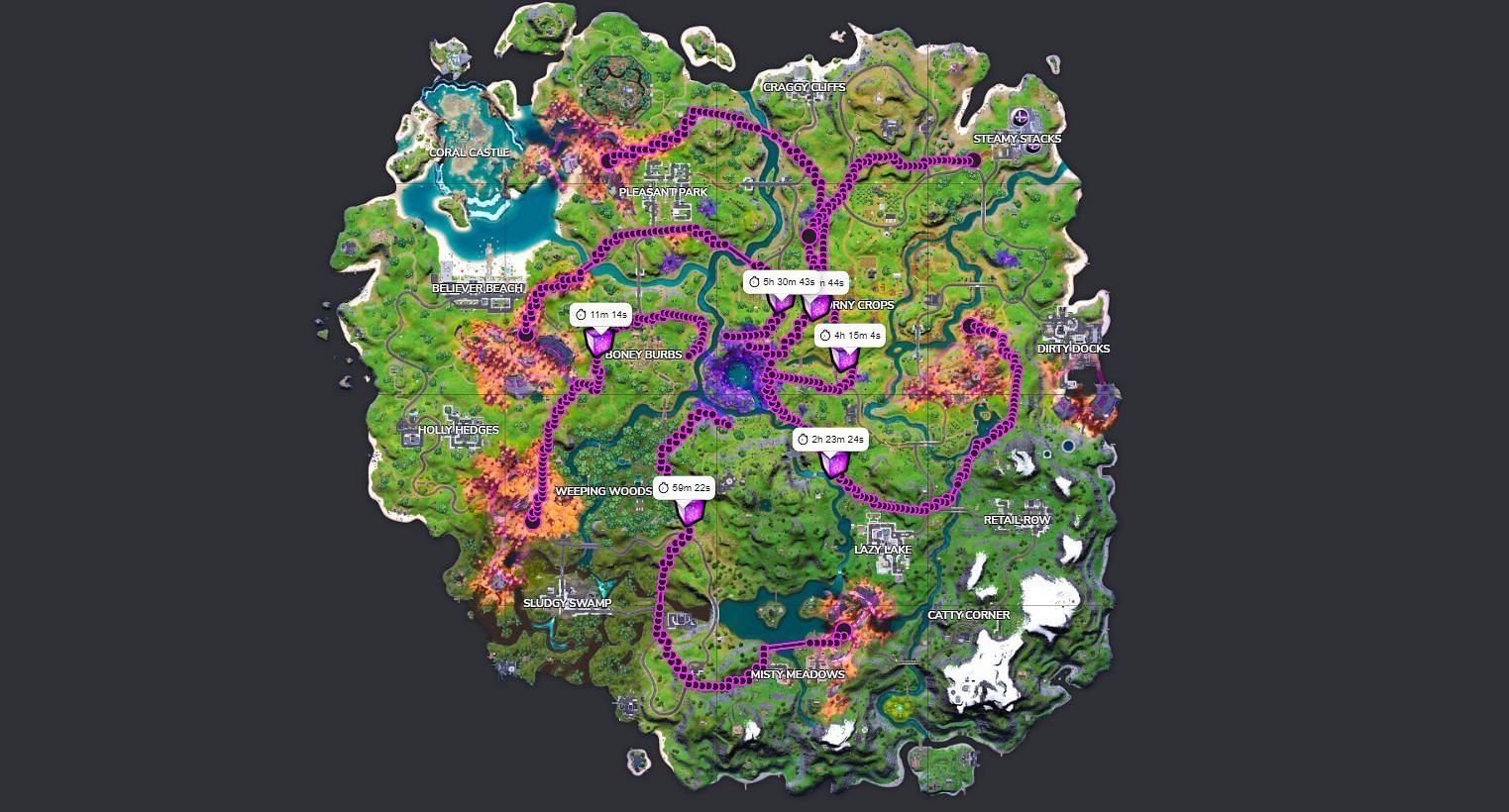 Fortnite map reveals the path taken by the Cubes to reach the center (Image via Fortnite.gg)