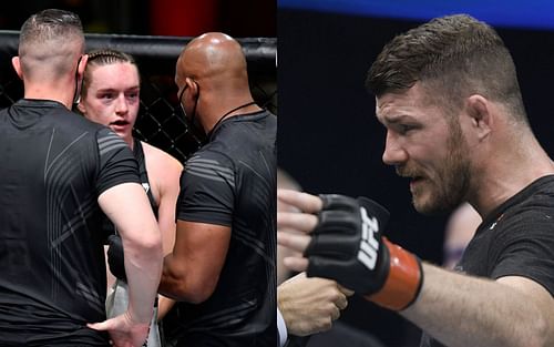 Aspen Ladd and her cornermen (left) & Michael Bisping (right) [Image Credits- @MMAFighting on Twitter]