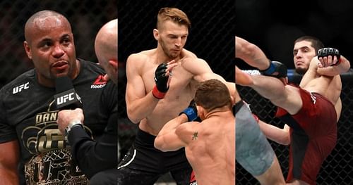 Former UFC fighter and current commentator Daniel Cormier (left) and lightweight superstars Dan Hooker (center) and Islam Makhachev (right)