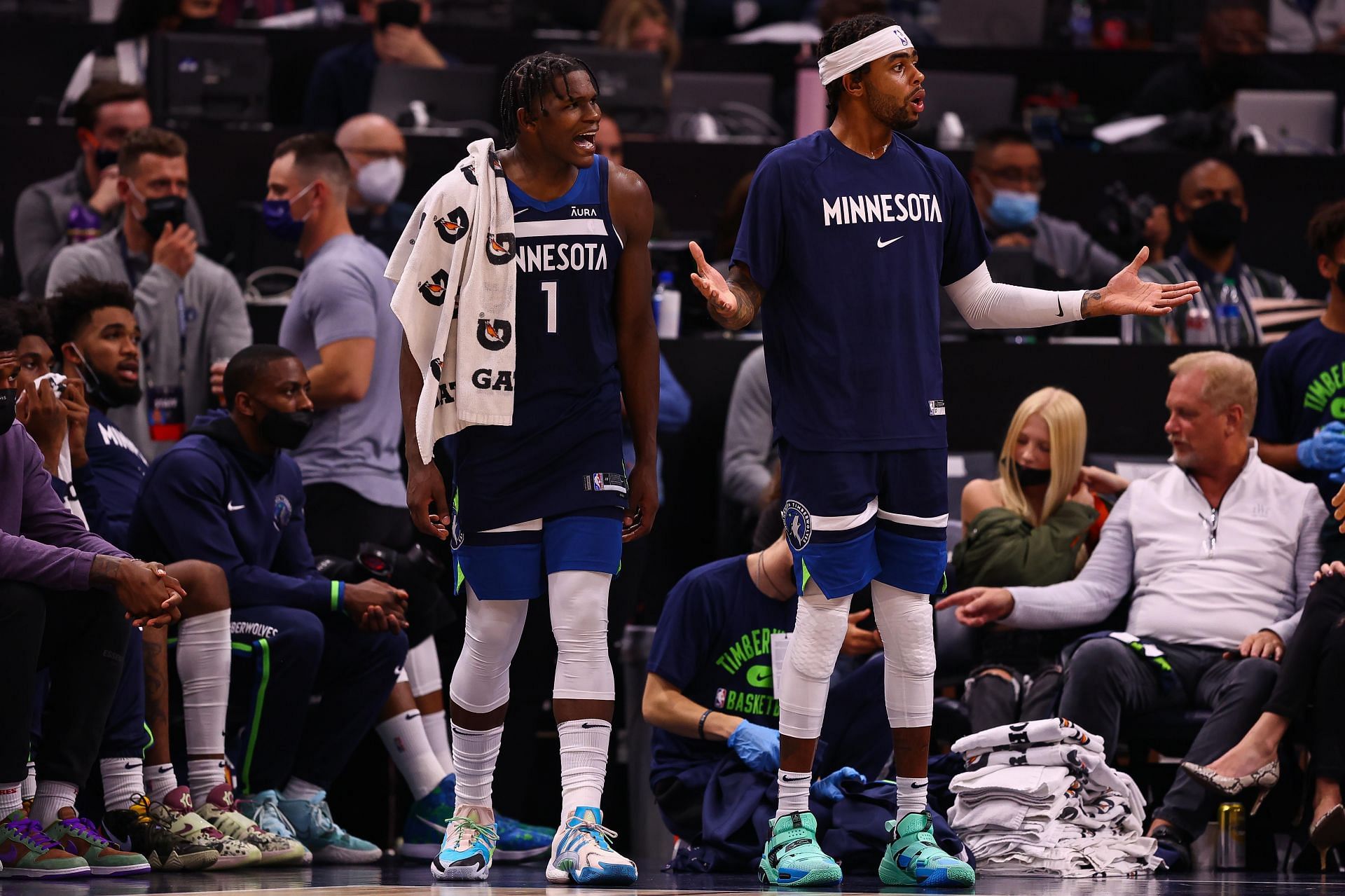 The Minnesota Timberwolves&#039; bench reacts to a call