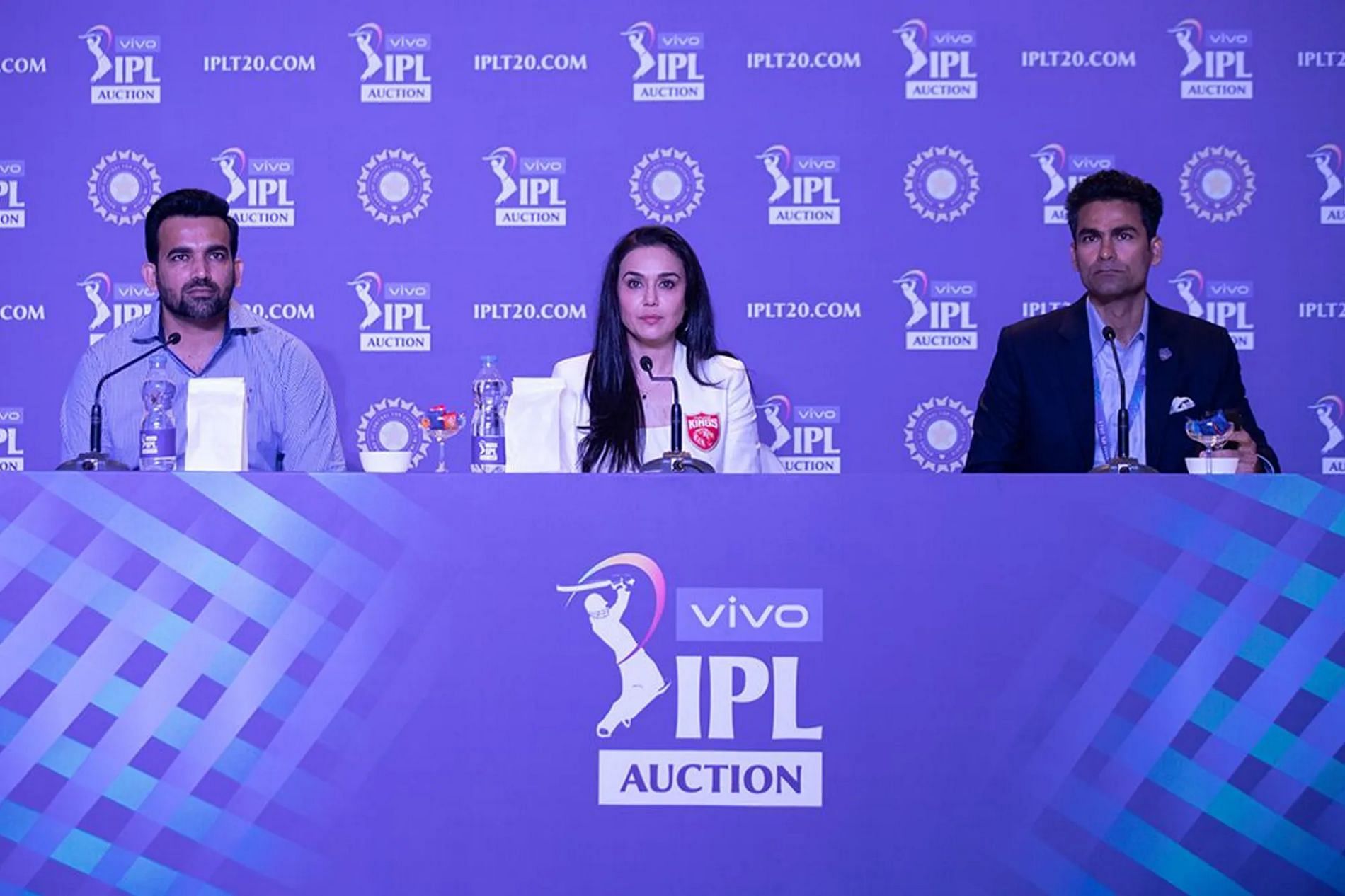 Zaheer Khan, Preity Zinta and Mohammad Kaif during the IPL 2021 auction. Pic: IPLT20.COM