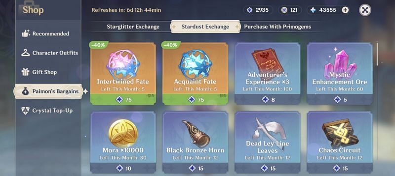 Stardust Exchange in Shop sells Intertwined and Acquaint Fates (Image via Genshin Impact)