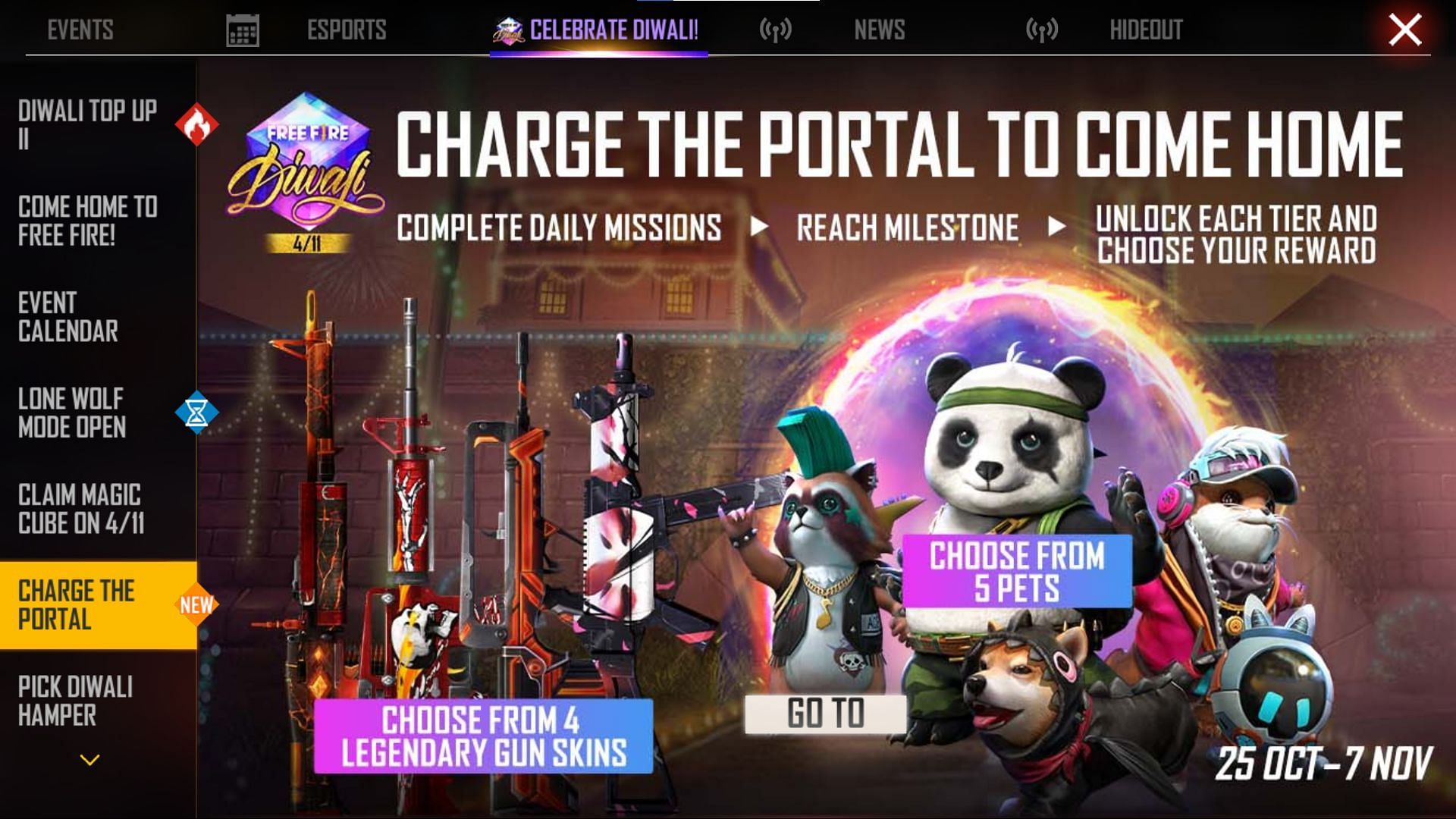 The Charge the Portal event provided a free gun skin during Diwali celebrations (Image via Garena)