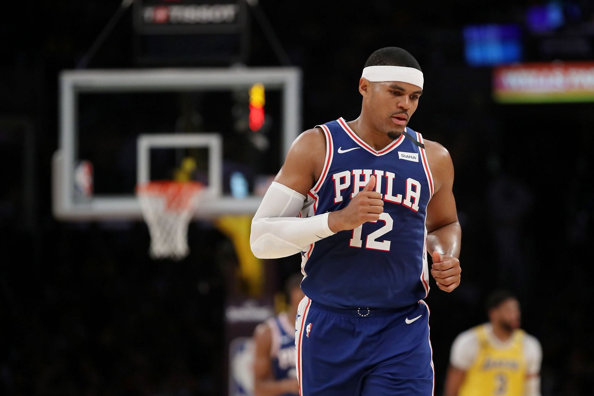 LOS ANGELES, CALIFORNIA - MARCH 03: Tobias Harris #12 of the Philadelphia 76ers looks on in a game against the Los Angeles Lakers during the second half at Staples Center on March 03, 2020 in Los Angeles, California.