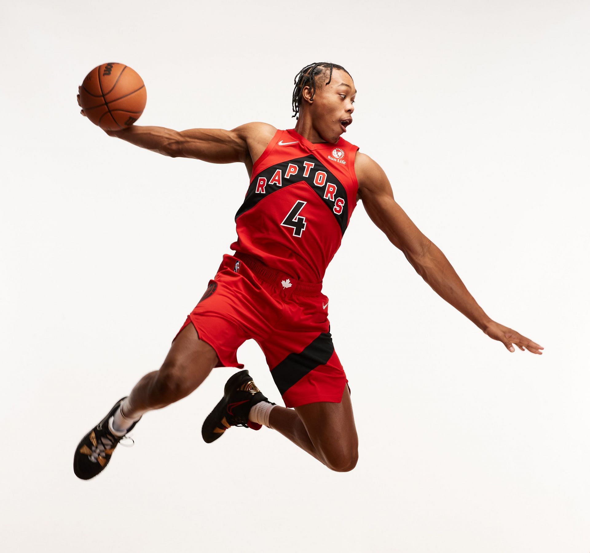 Scottie Barnes #4 of the Toronto Raptors poses for a photo during the 2021 NBA Rookie Photo Shoot.