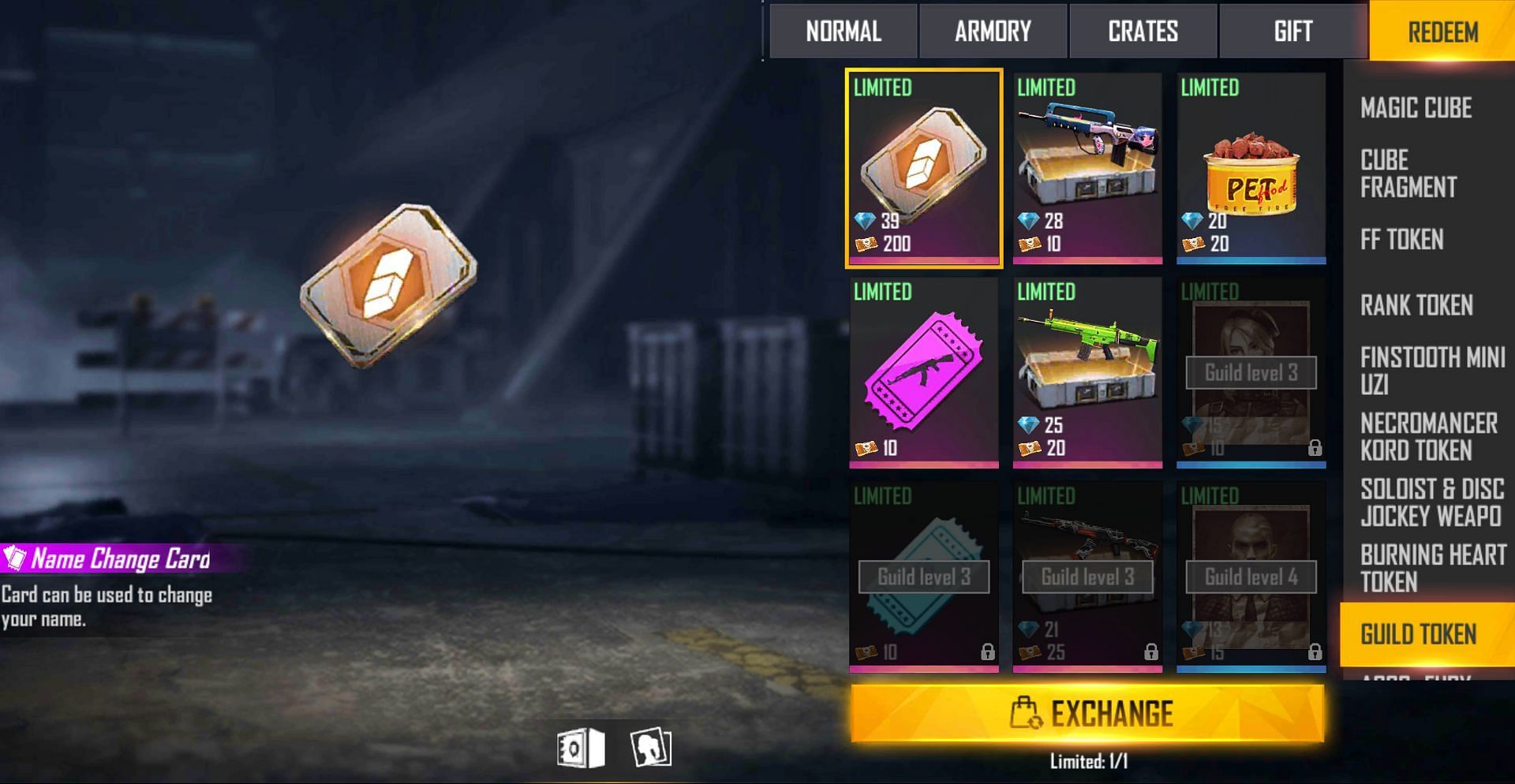 The name change card can be redeemed for diamonds and guild tokens (Image via Free Fire)