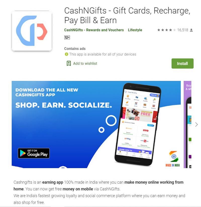 CashNGifts - Gift Cards, Recharge, Pay Bill &amp; Earn (Image via Google Play Store)