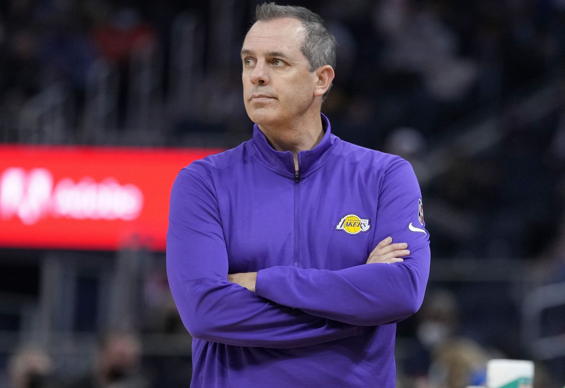 Head coach Frank Vogel of the Los Angeles Lakers looks on against the Golden State Warriors at Chase Center on October 08, 2021 in San Francisco, California.