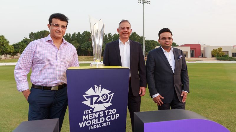 Sourav Ganguly (left) and Jay Shah (right) pose with the ICC Men&#039;s T20 World Cup trophy. (Credits: BCCI)