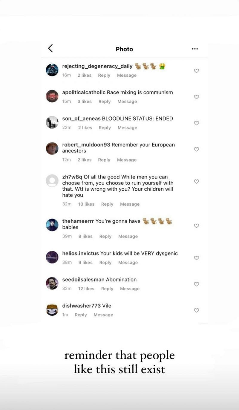 Allison Rochell posted an Instagram story of the racist comments she had received under her post (Image via Instagram/allisonkuch)