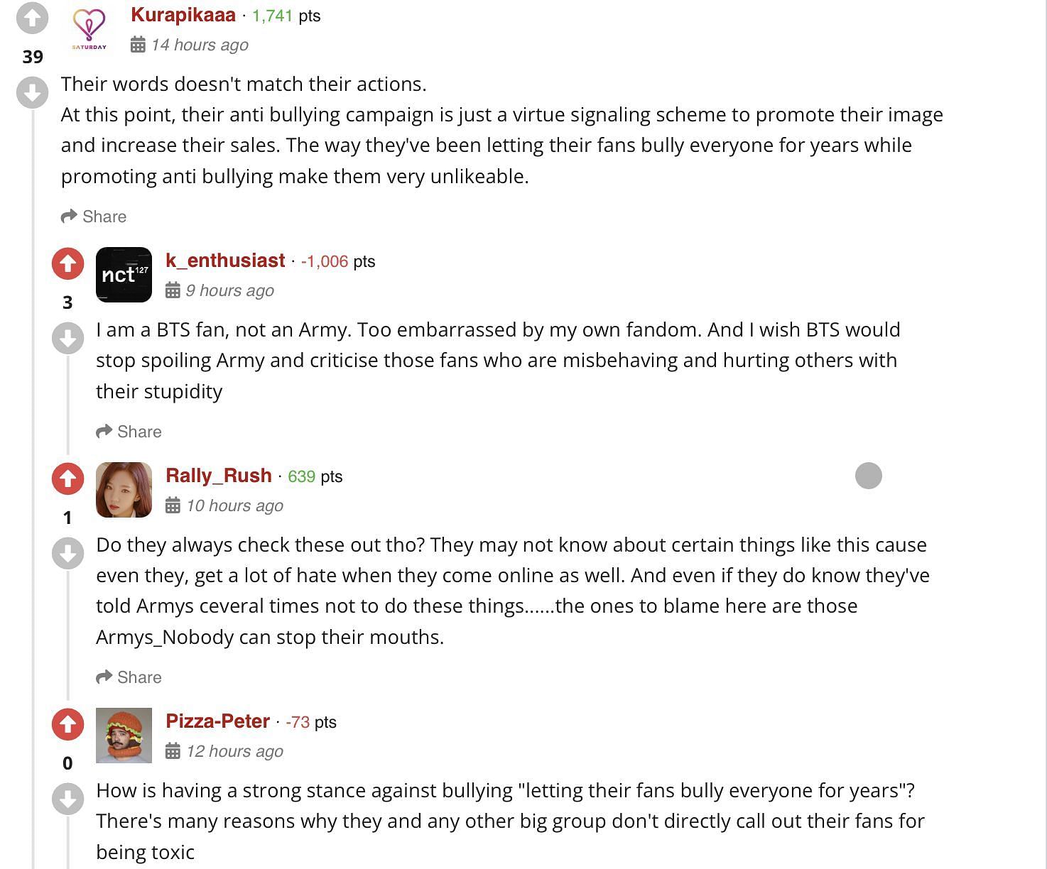 A screenshot of reactions slamming BTS Army (Image via allkpop)
