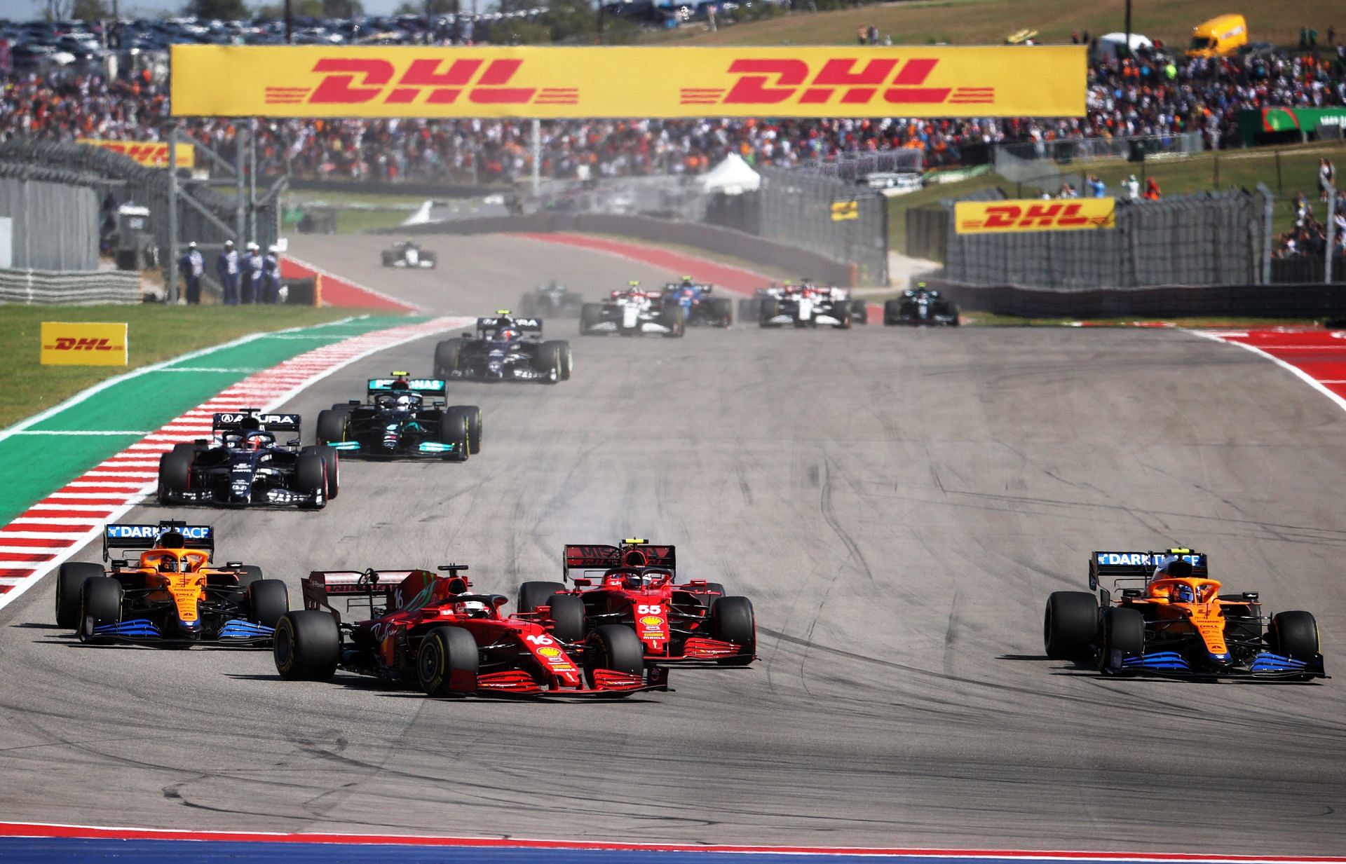 Daniel Ricciardo , Charles Leclerc , Carlos Sainz and Lando Norris on track during the 2021 USGP in Austin, Texas. (Photo by Chris Graythen/Getty Images)