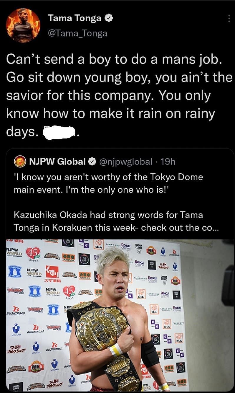 Kazuchika Okada has been warned by Tama Tonga