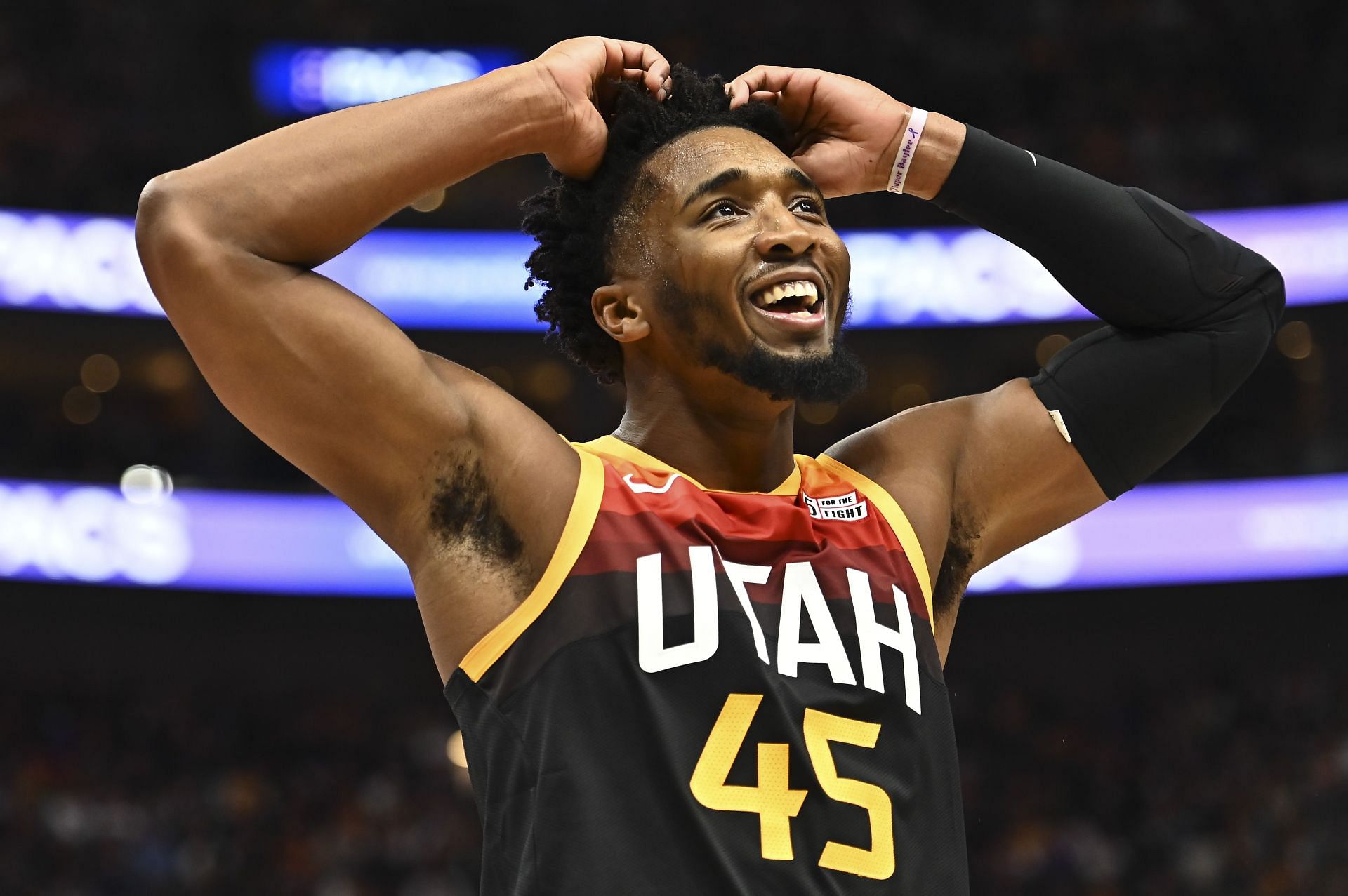 Donovan Mitchell #45 of the Utah Jazz reacts to a call during a game against the Oklahoma City Thunder at Vivint Smart Home Arena on October 20, 2021 in Salt Lake City, Utah.