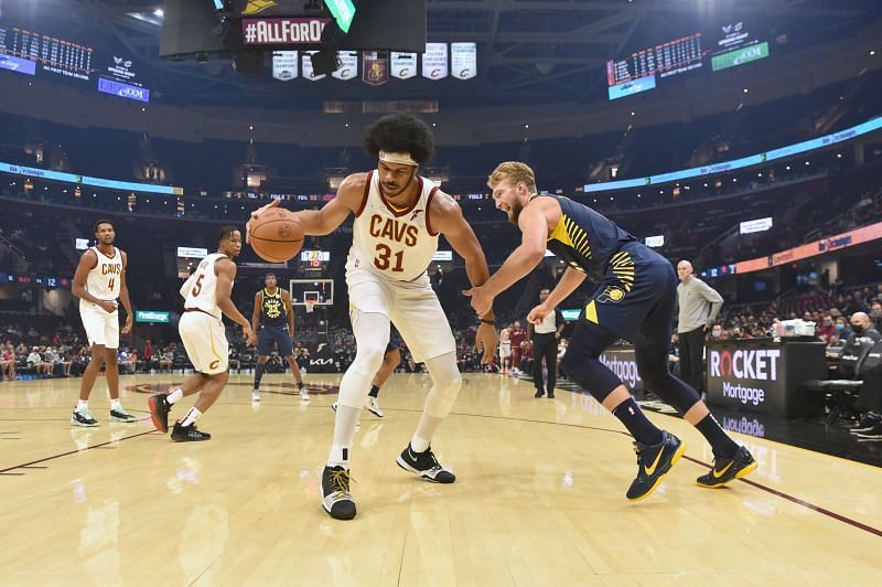 Jarrett Allen protects the ball during the Indiana Pacers v Cleveland Cavaliers game