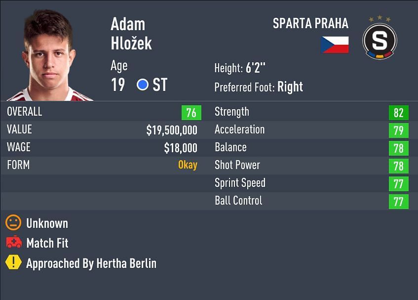 Hlozek is an all rounded striker with well balanced attributes (Image via Sportskeeda)
