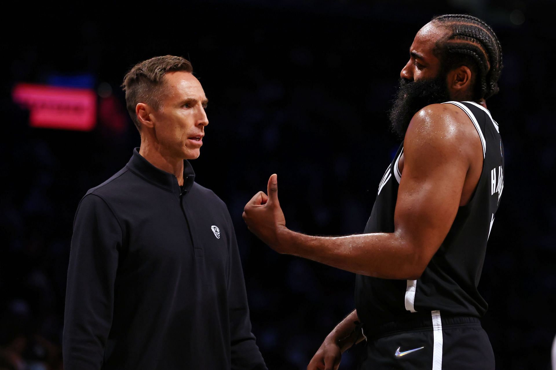 Brooklyn Nets superstar James Harden in a discussion with head coach Steve Nash