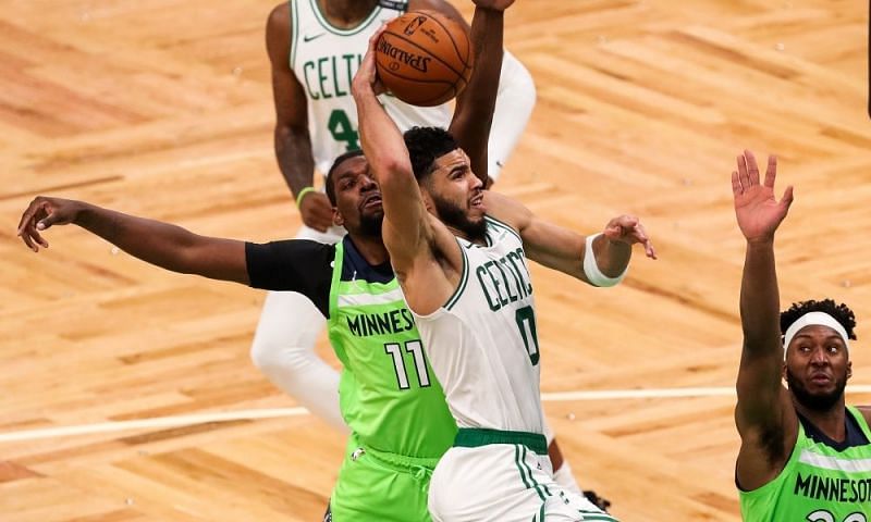 Jayson Tatum goes for a tomahawk dunk against the Minnesota Timberwolves [Photo: Celtics Wire - USA Today]