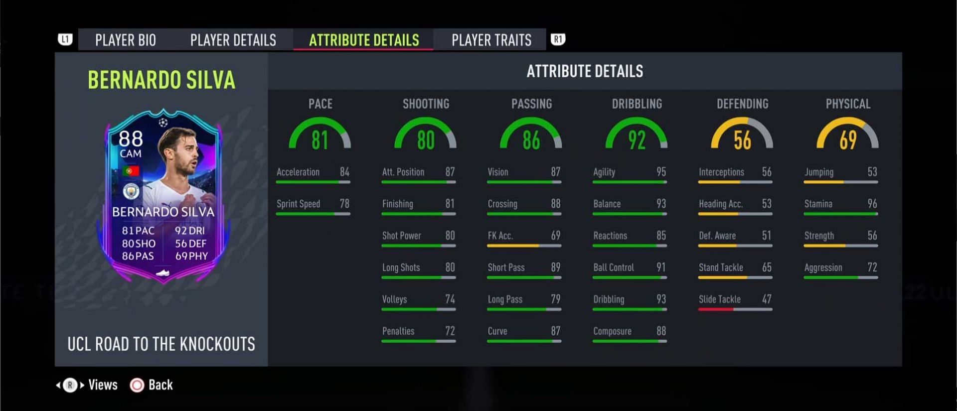 Bernardo Silva's RTTK card stats. (Image via FIFA 22)