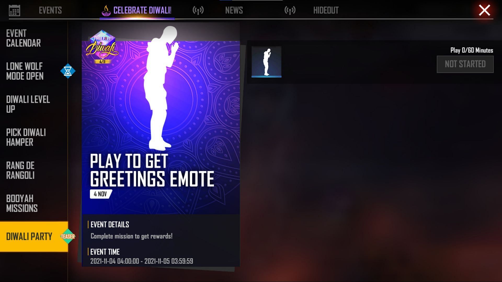 O evento anterior da Diwali Party forneceu emote grátis (Imagem via Free Fire)