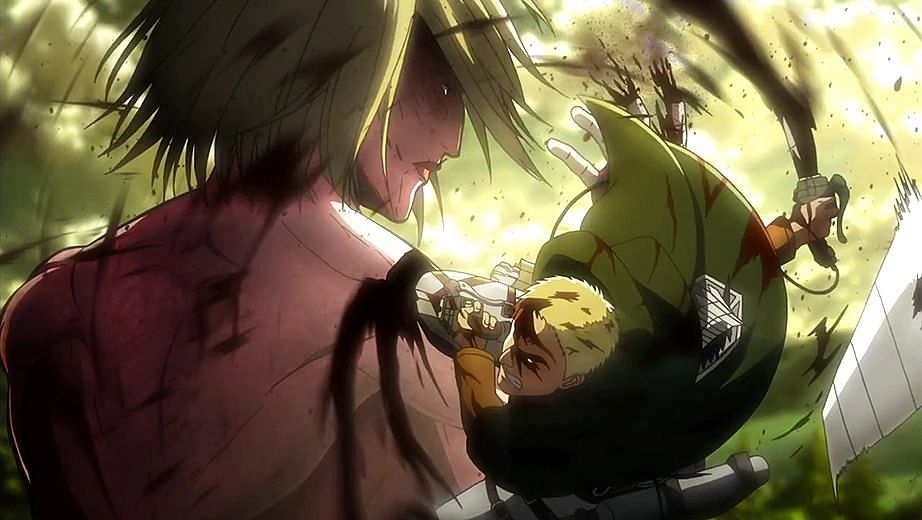 Reiner escapes the Female Titan&#039;s grasp, but was he ever really trapped? (Image via Funimation)