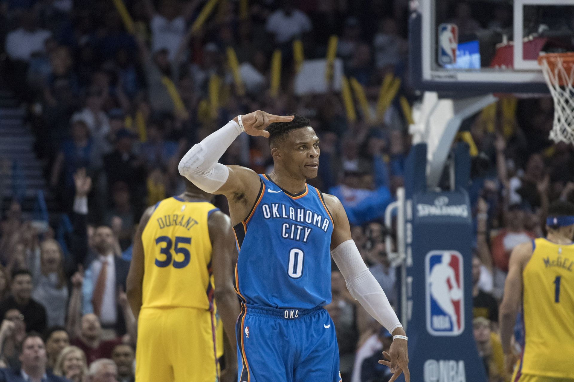 Russell Westbrook #0 of the Oklahoma City Thunder reacts after scoring three points against the Golden State Warriors