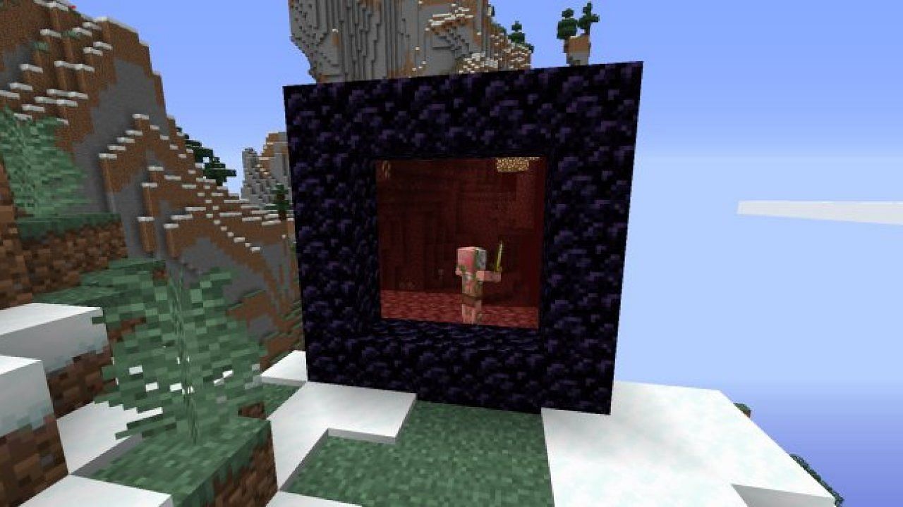 A zombie piglin is clearly visible through the Nether portal, which players can step through immediately without a pause in gameplay (Image via Mojang)