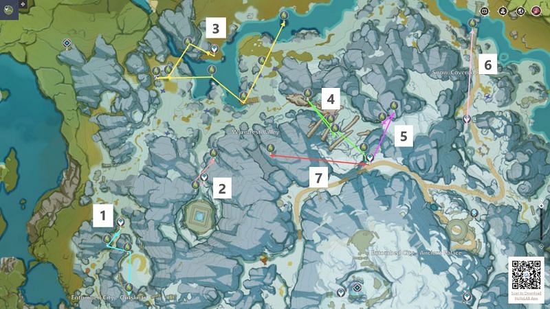 Moonchase Charms location with the routes (Image via Genshin Impact&#039;s interactive map)